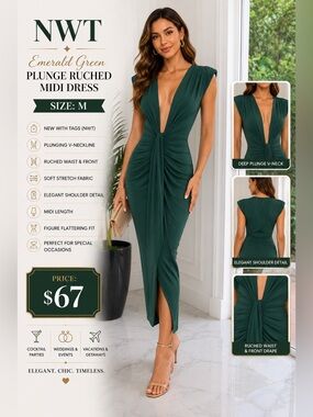 NWT Emerald Green Plunge Ruched Midi Dress